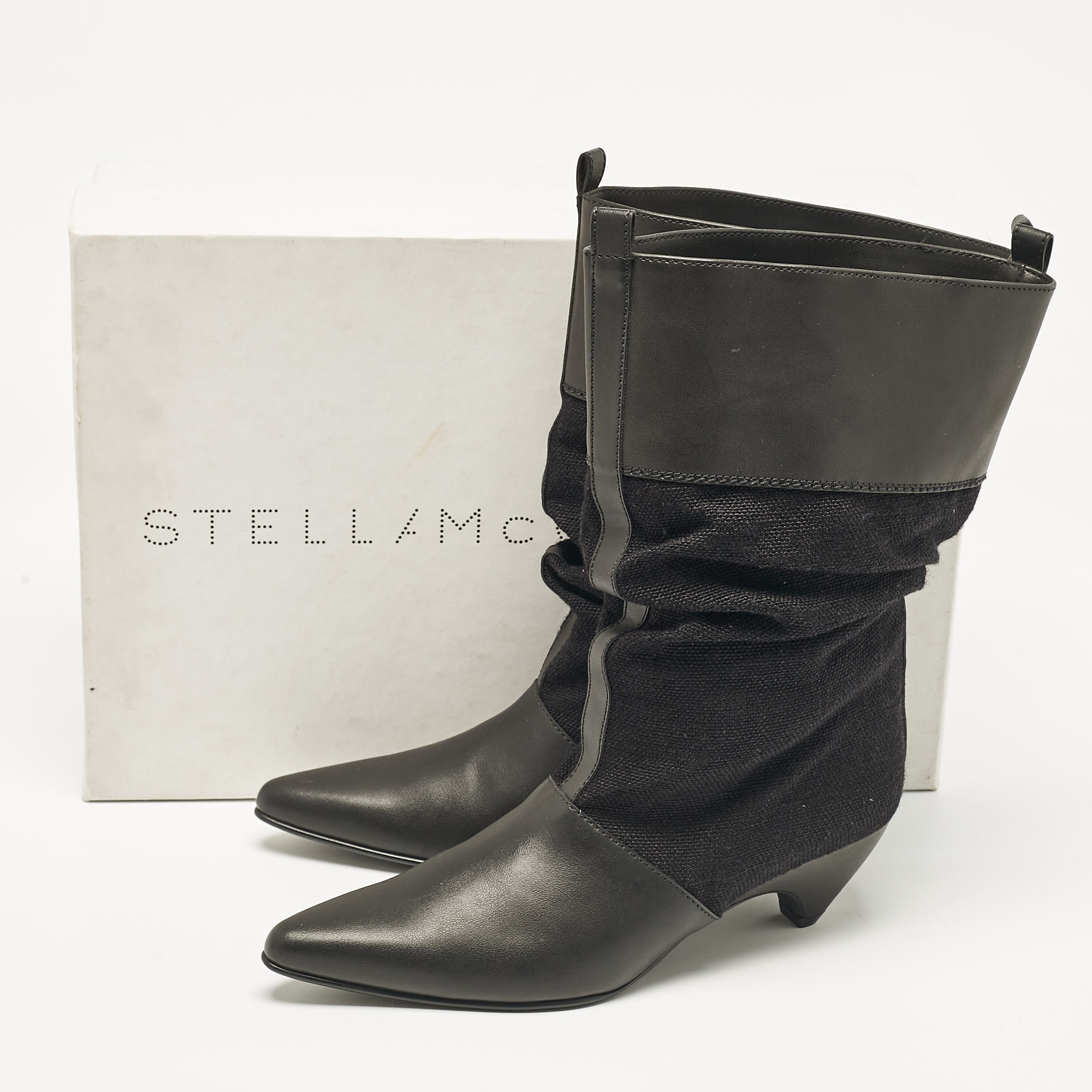 Stella McCartney Black Canvas And Faux Leather Pointed Toe Ankle Length Boots Size 36