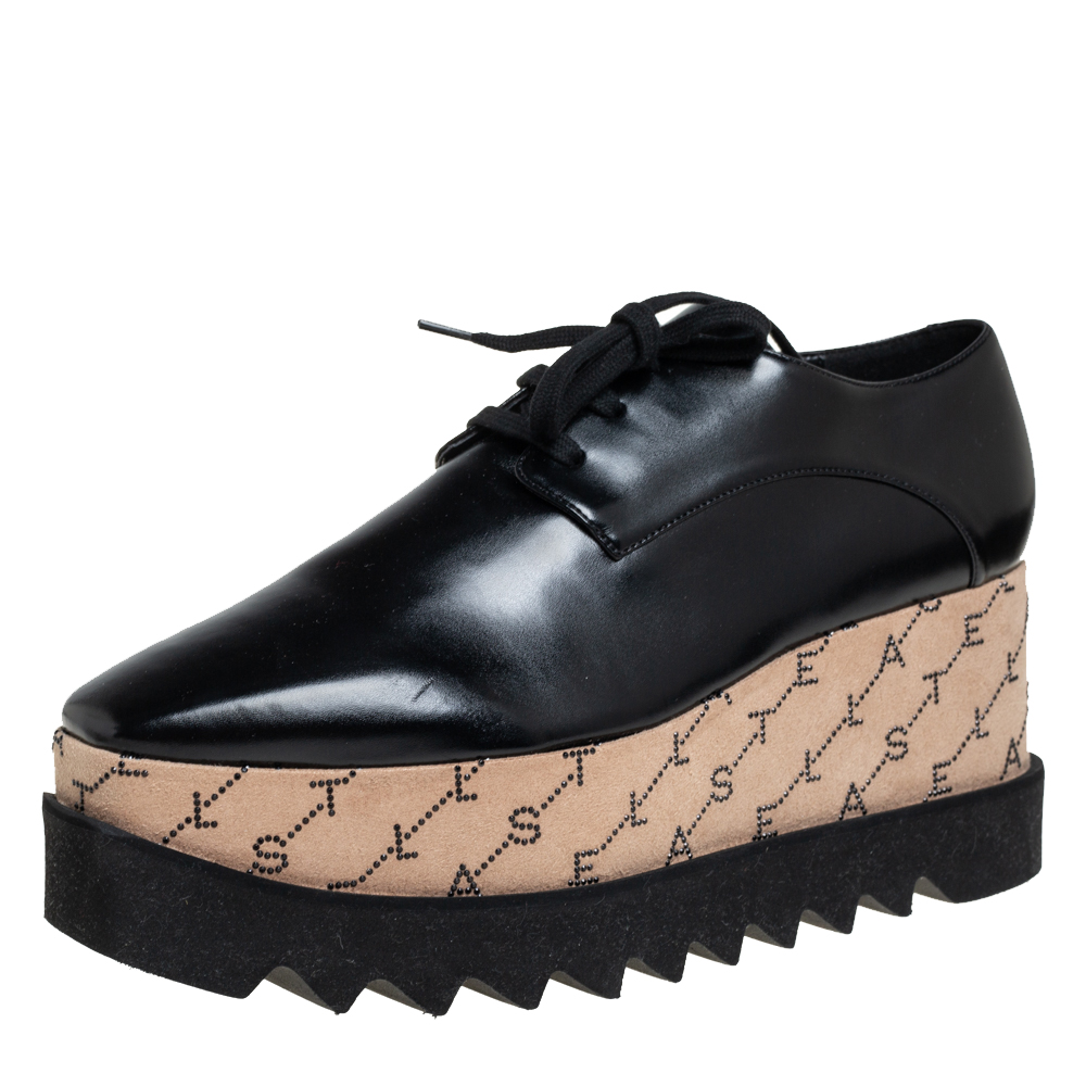 Stella McCartney Black Faux Leather Monogram Elyse Platform Derby Sneakers Size 38.5