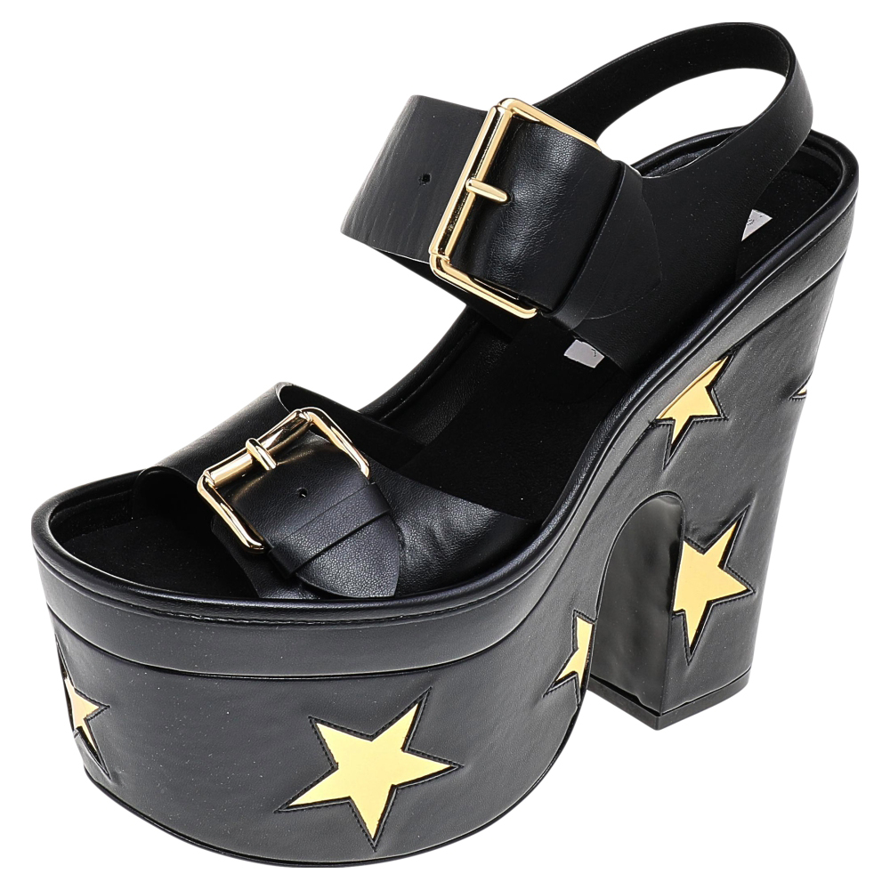 Stella McCartney Black/Gold Faux Leather Star Platform Sandals Size 37.5