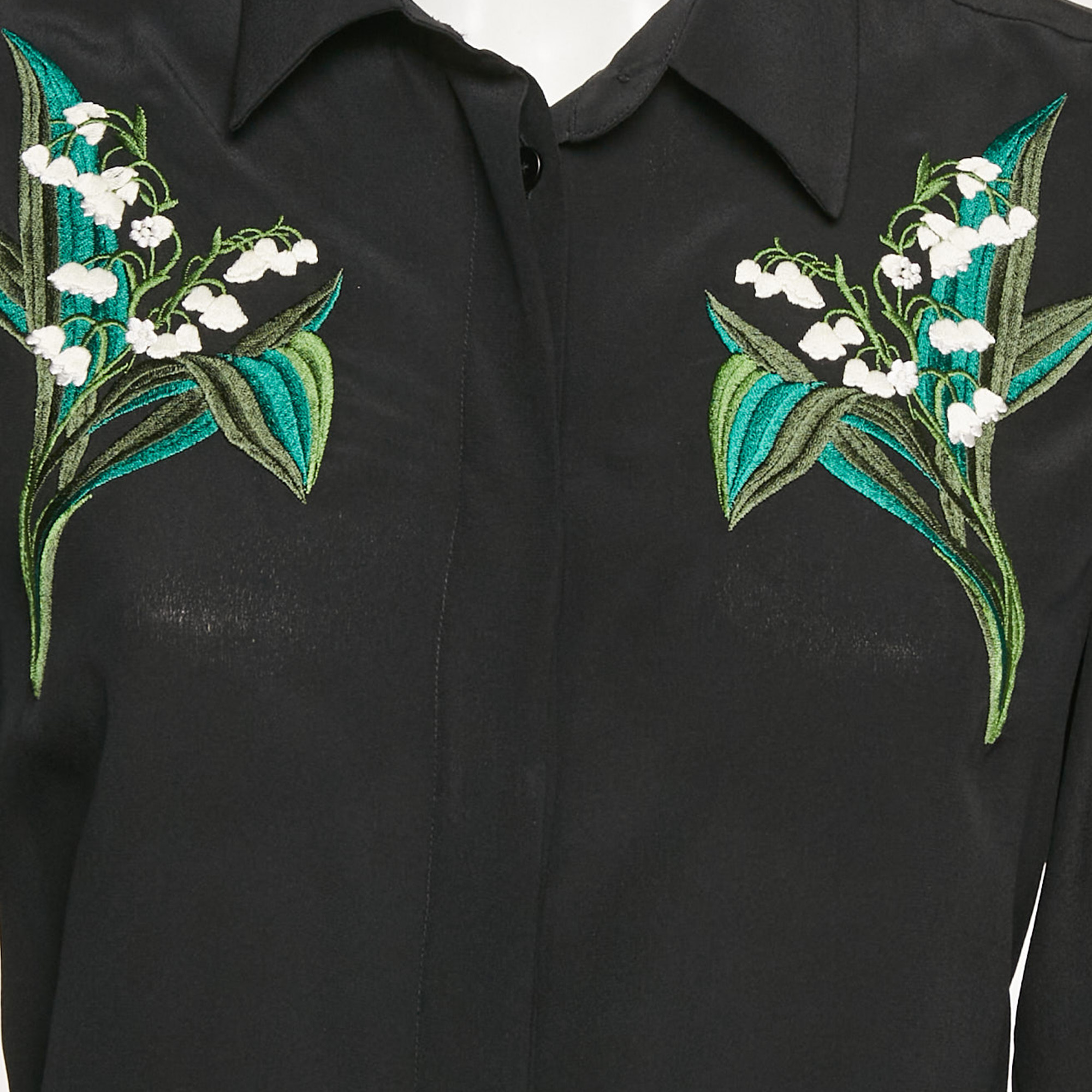 Stella McCartney Black Floral Embroidered Silk Long Sleeve Shirt S