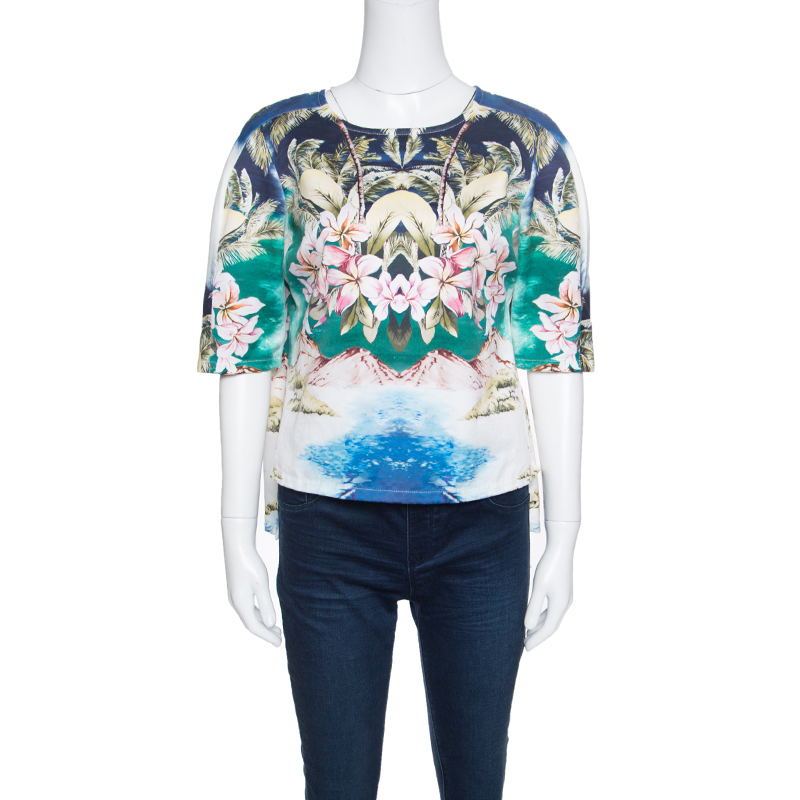 Stella McCartney Multicolor Hawaiian Print Stretch Cotton Buttoned Back Detail Top M