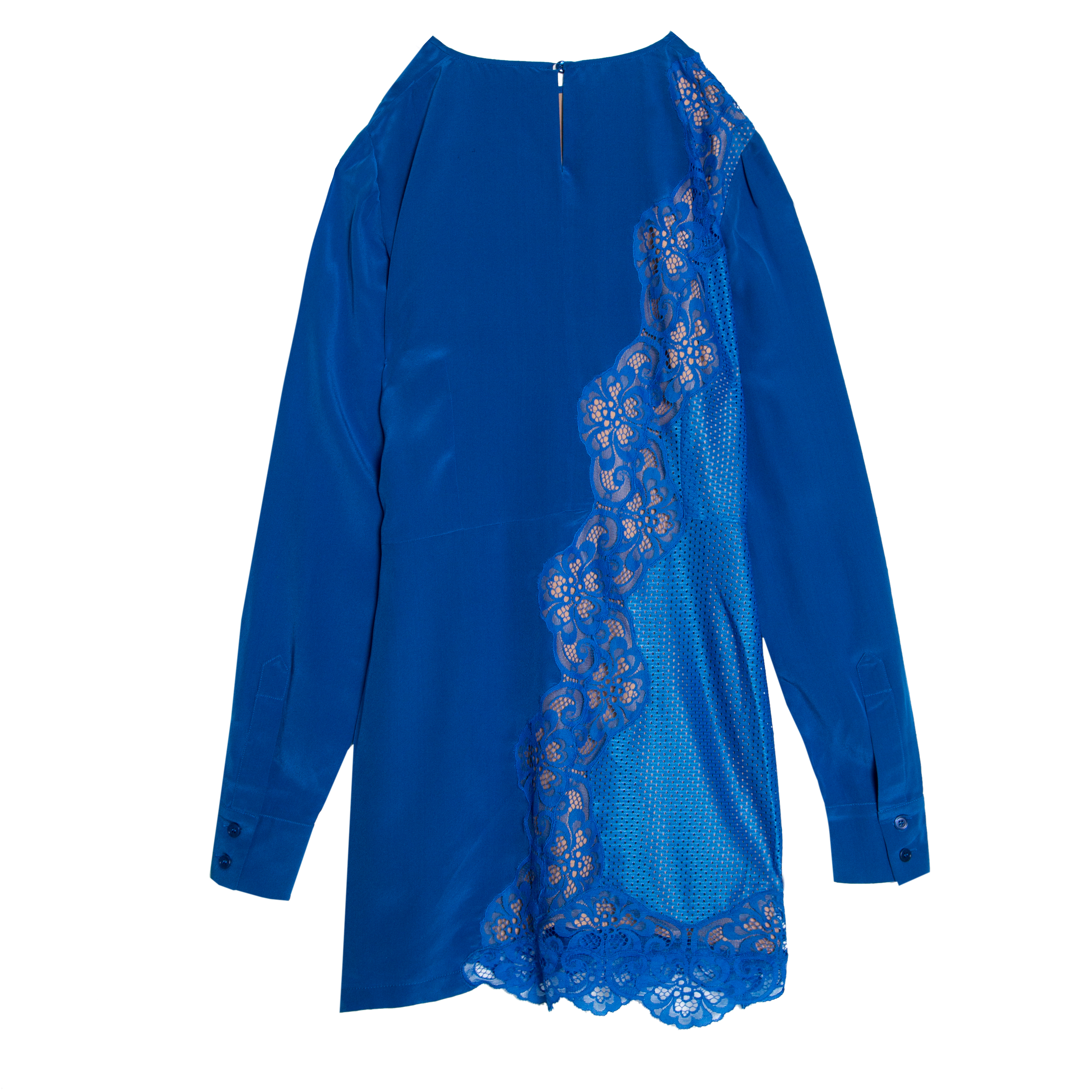 Stella McCartney Klein Blue Floral Lace Insert Mesh Paneled Silk Dress S