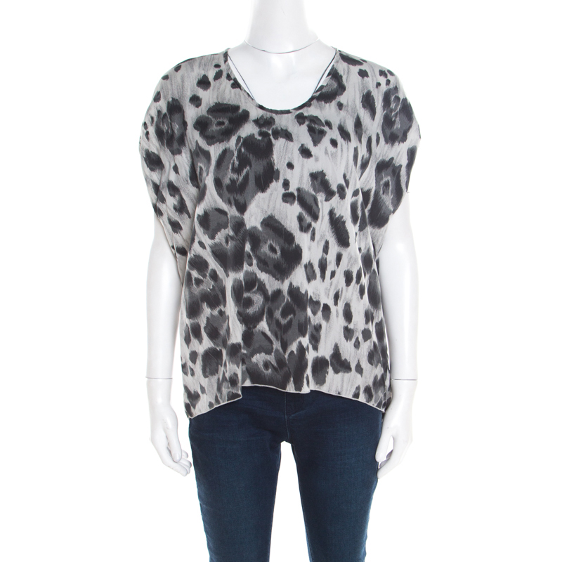 Stella McCartney Grey Peony Animal Print Silk Pleated Sleeve Boxy Blouse M