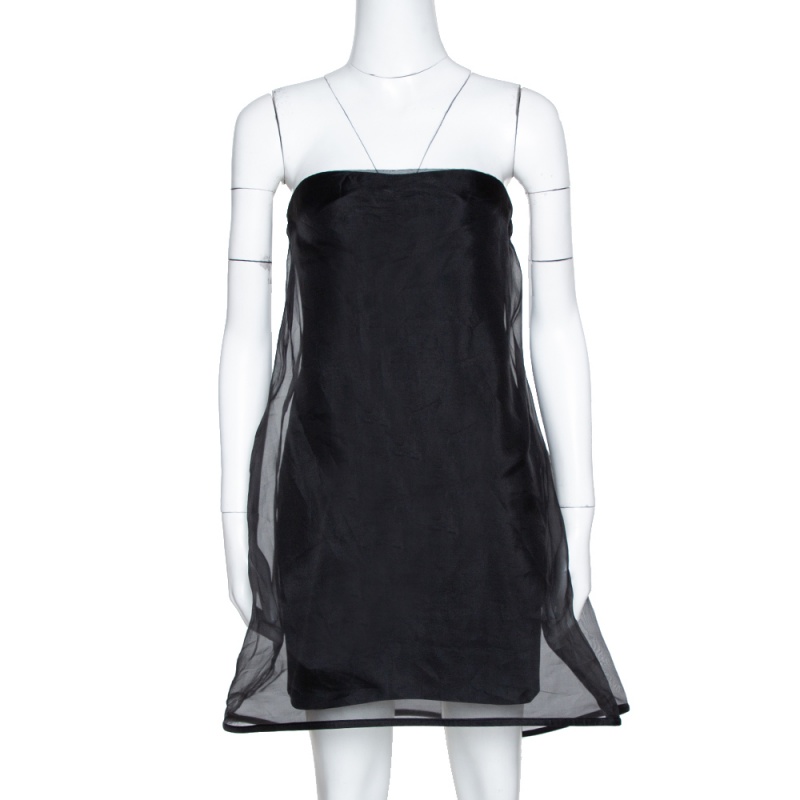 Image of Stella McCartney Black Silk Organza Overlay Strapless Dress M