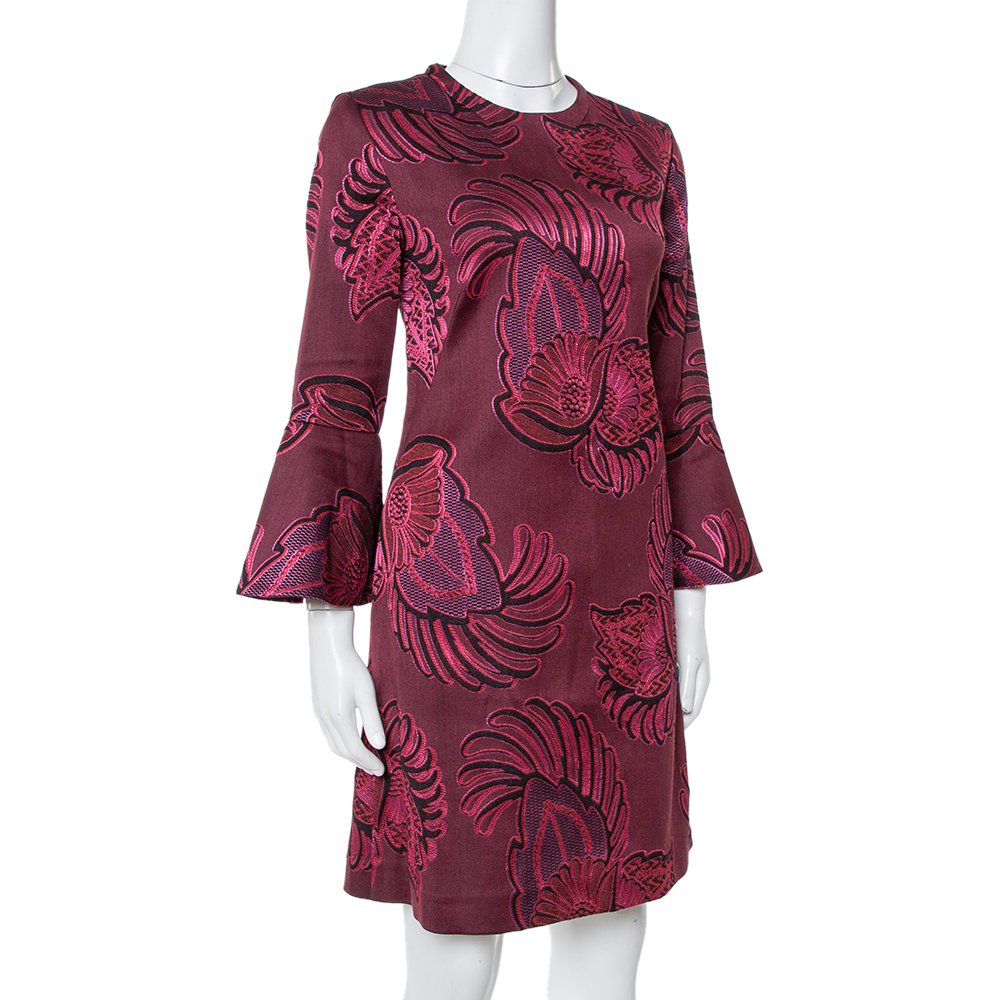 Stella McCartney Burgundy Floral Jacquard Wool Long Sleeve Dress M