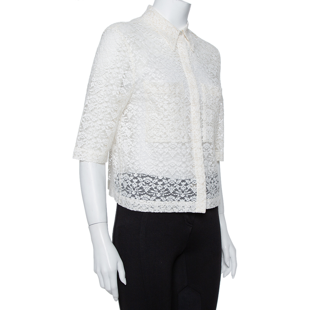 Stella McCartney Cream Lace Button Front Sheer Crop Top M