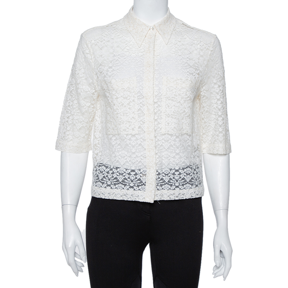 

Stella McCartney Cream Lace Button Front Sheer Crop Top