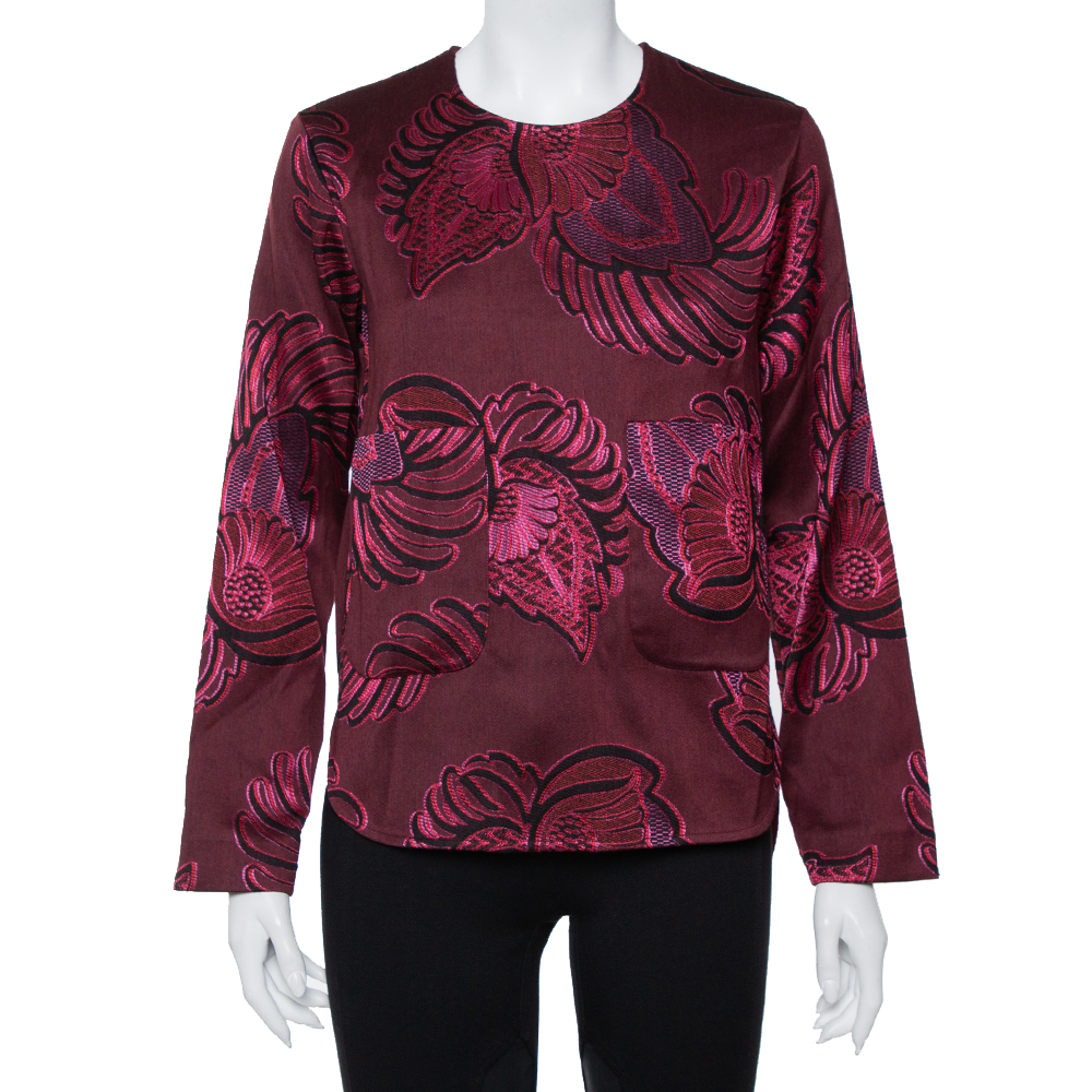 Stella McCartney Burgundy Floral Jacquard Wool Hi-Low Hem Top S