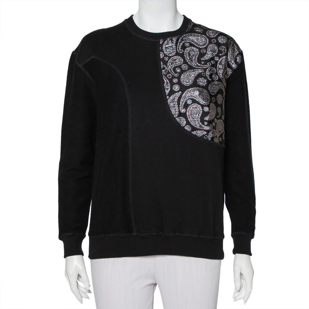 Stella McCartney Black Cotton Knit Paisley Jacquard Patch Detail Sweatshirt S