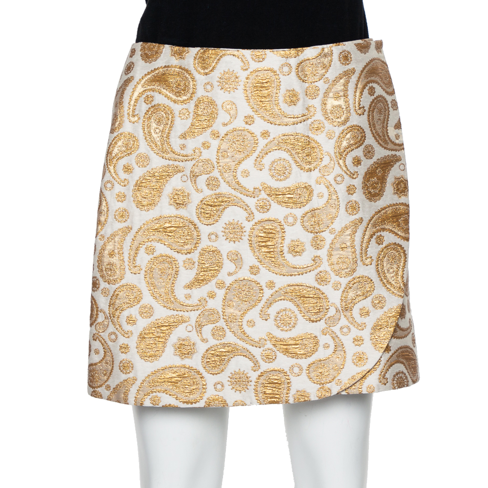 Stella McCartney Gold & White Paisley Jacquard Faux Wrap Detail Mini Skirt S