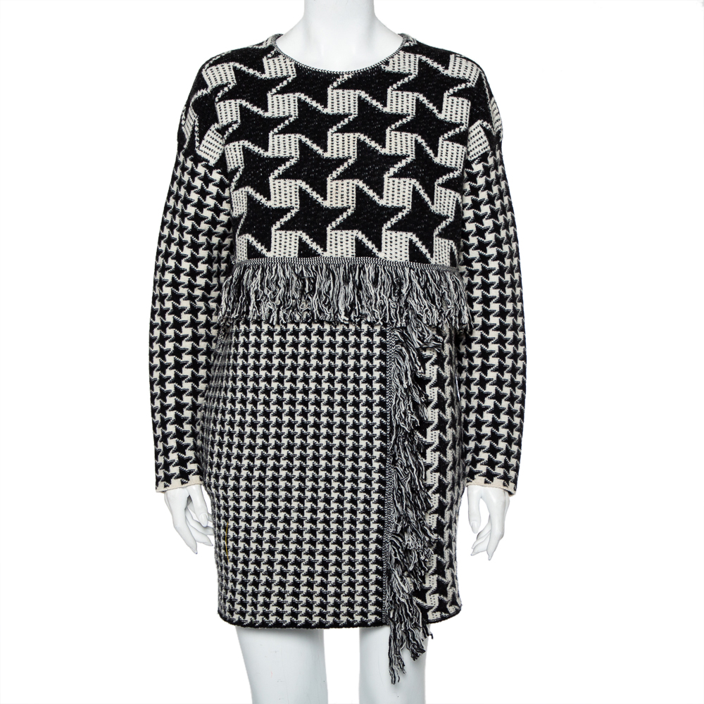 Stella McCartney Monochrome Houndstooth Pattern Wool Oversized Shift Dress S
