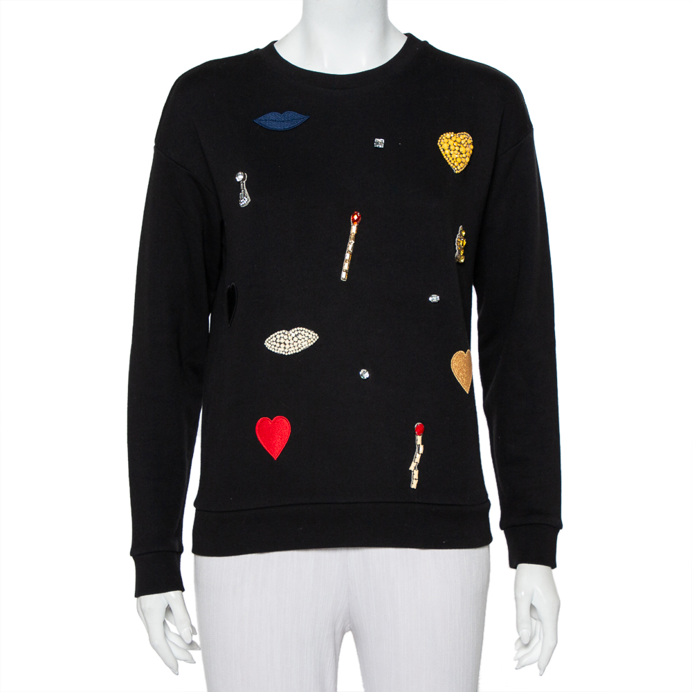 Stella McCartney Black Cotton Crystal Embellished & Applique Detail Crewneck Sweatshirt S