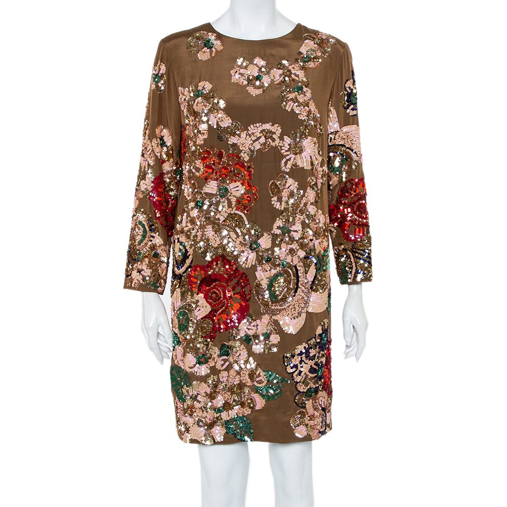 Stella McCartney Brown Sequin Embellished Silk Shift Dress M
