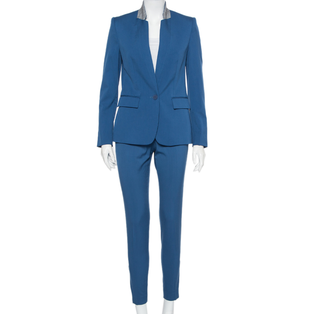 Stella McCartney Blue Wool Contrast Collar Trim Blazer & Tapered Leg Trousers S