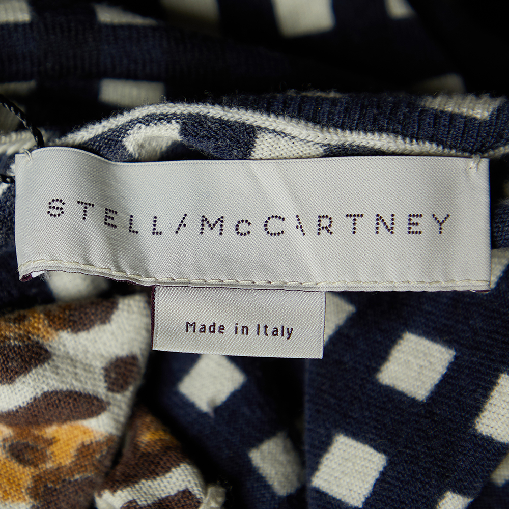 Stella McCartney White Leopard And Check Print Wool Long Sleeve Sweater M