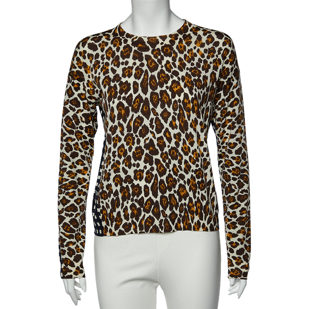 Stella McCartney White Leopard And Check Print Wool Long Sleeve Sweater M