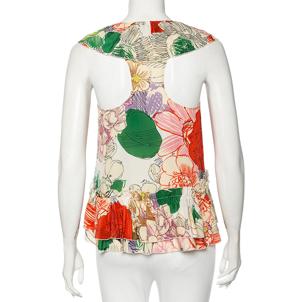 Stella McCartney Multicolored Floral Printed Silk Ruffled Sleeveless Top S