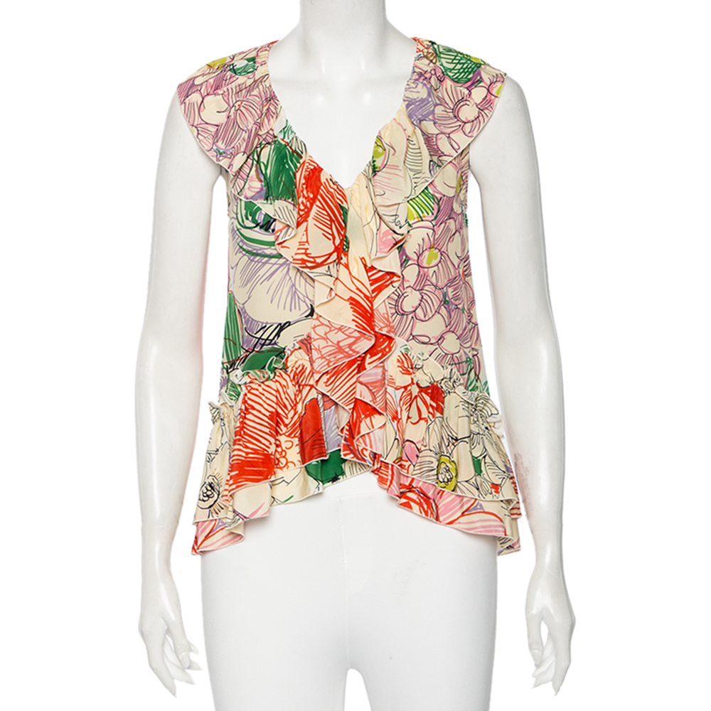 Stella McCartney Multicolored Floral Printed Silk Ruffled Sleeveless Top S