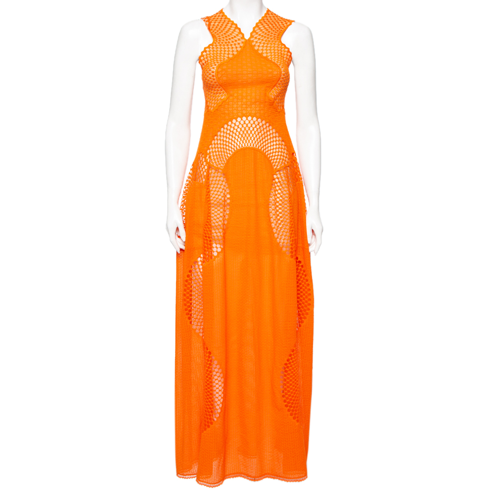 Stella mccartney orange lace & mesh inset sleeveless maxi dress xs