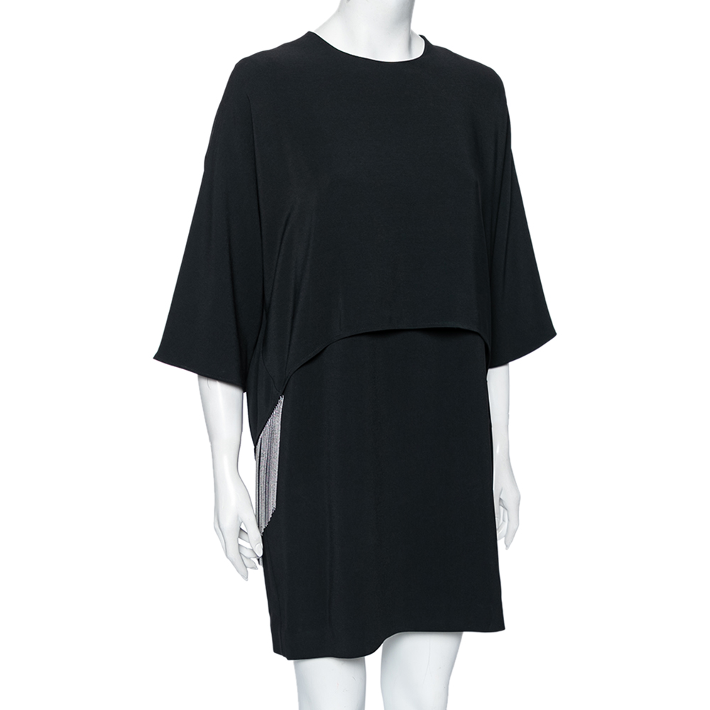 

Stella McCartney Black Crepe Beaded Fringe Embellished Layered Dress