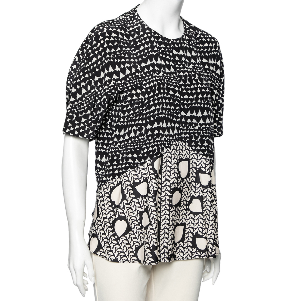 Stella McCartney Monochrome Heart Printed Silk Flounce Top M