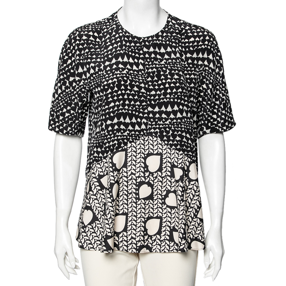 Stella mccartney monochrome heart printed silk flounce top m