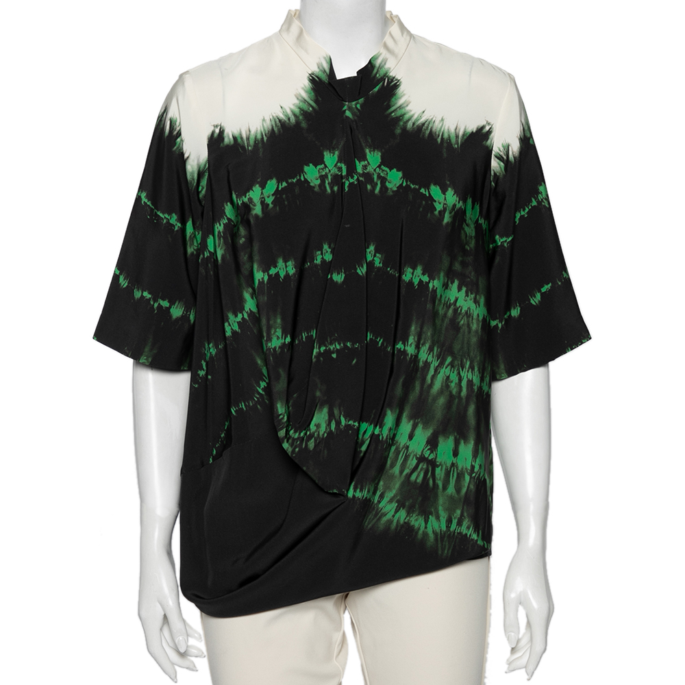 Stella mccartney black tie-dye printed silk asymmetrical draped blouse m