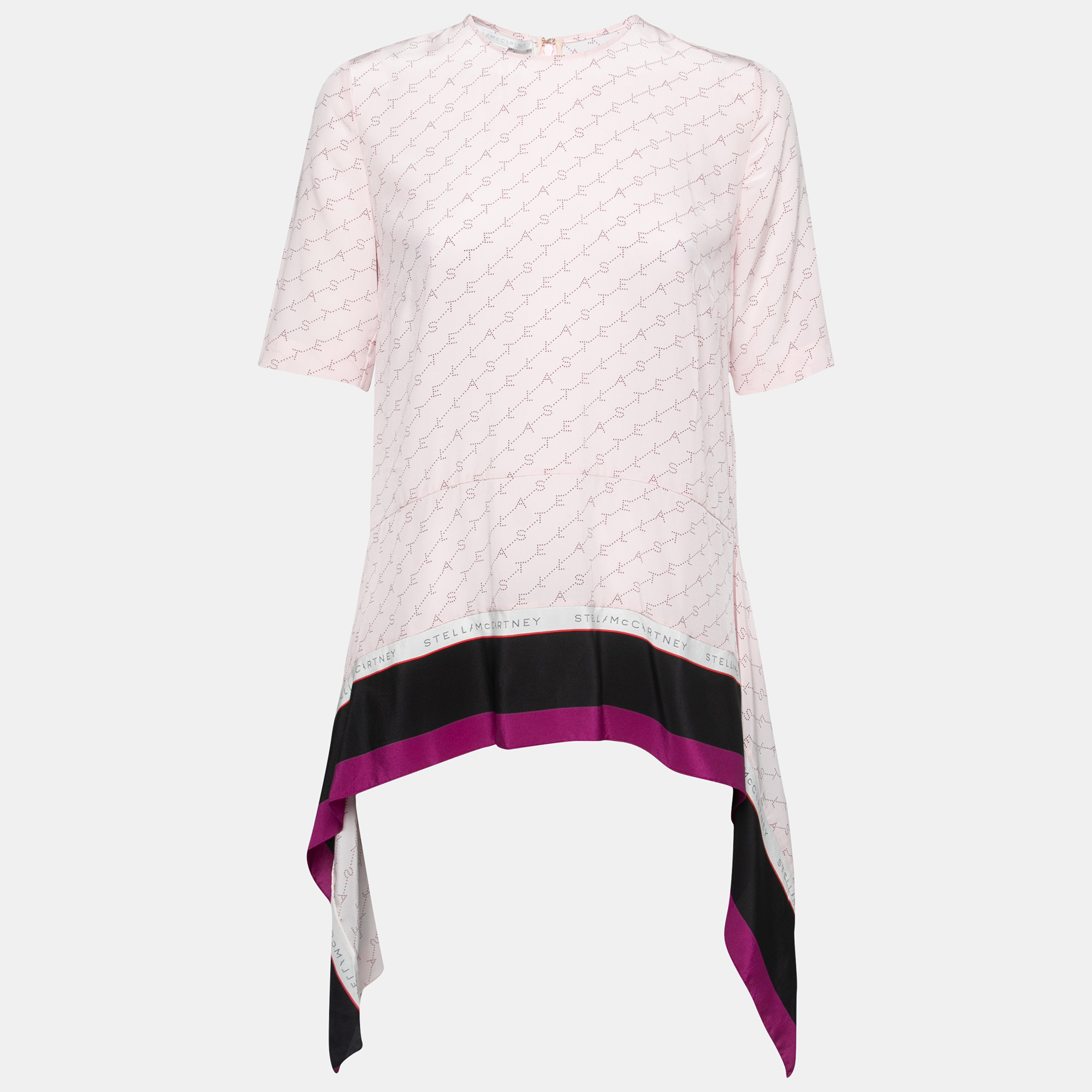 Stella McCartney Pink Logo Print Silk Asymmetric Tiered Top S