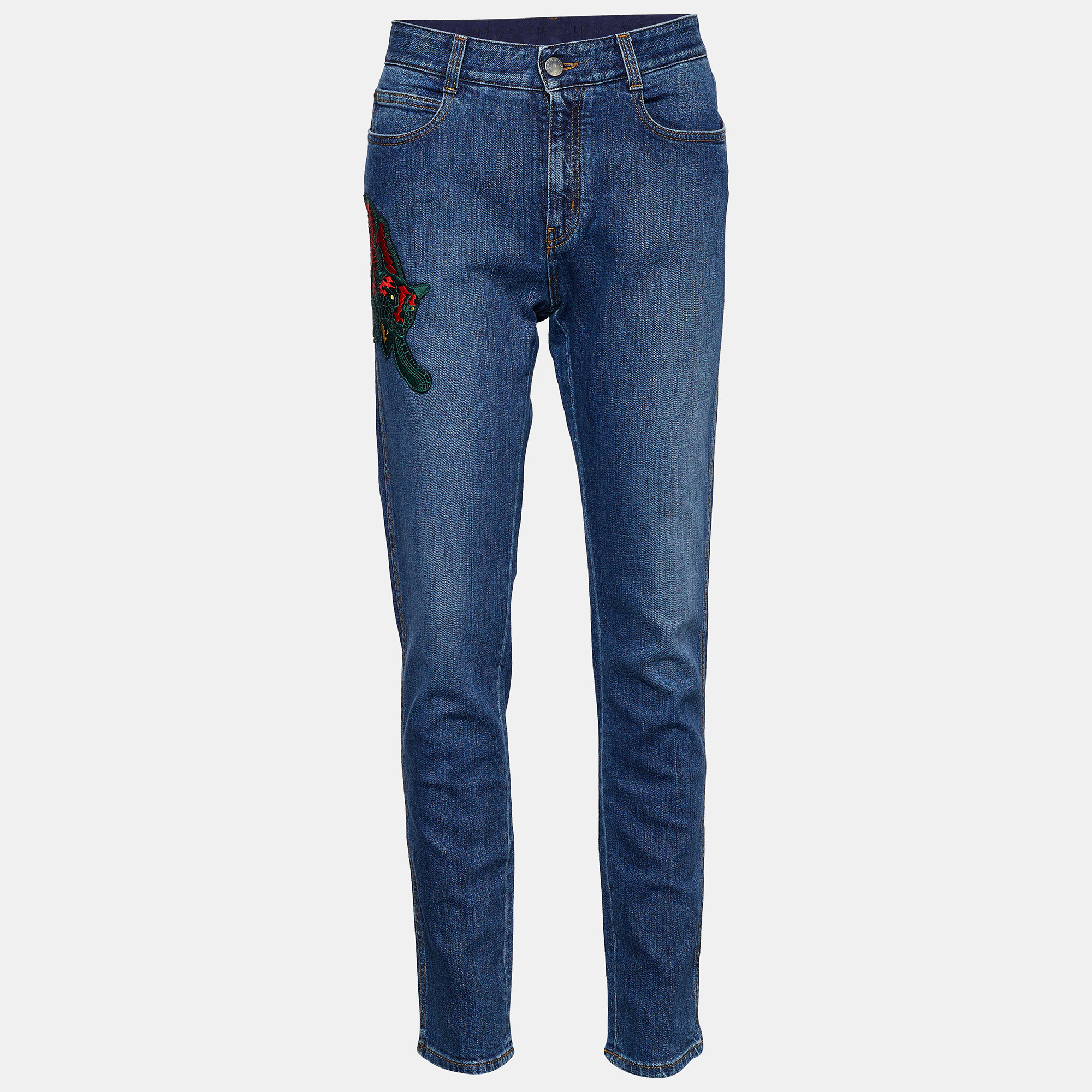 Stella mccartney navy blue wild cat embroidered tapered jeans m