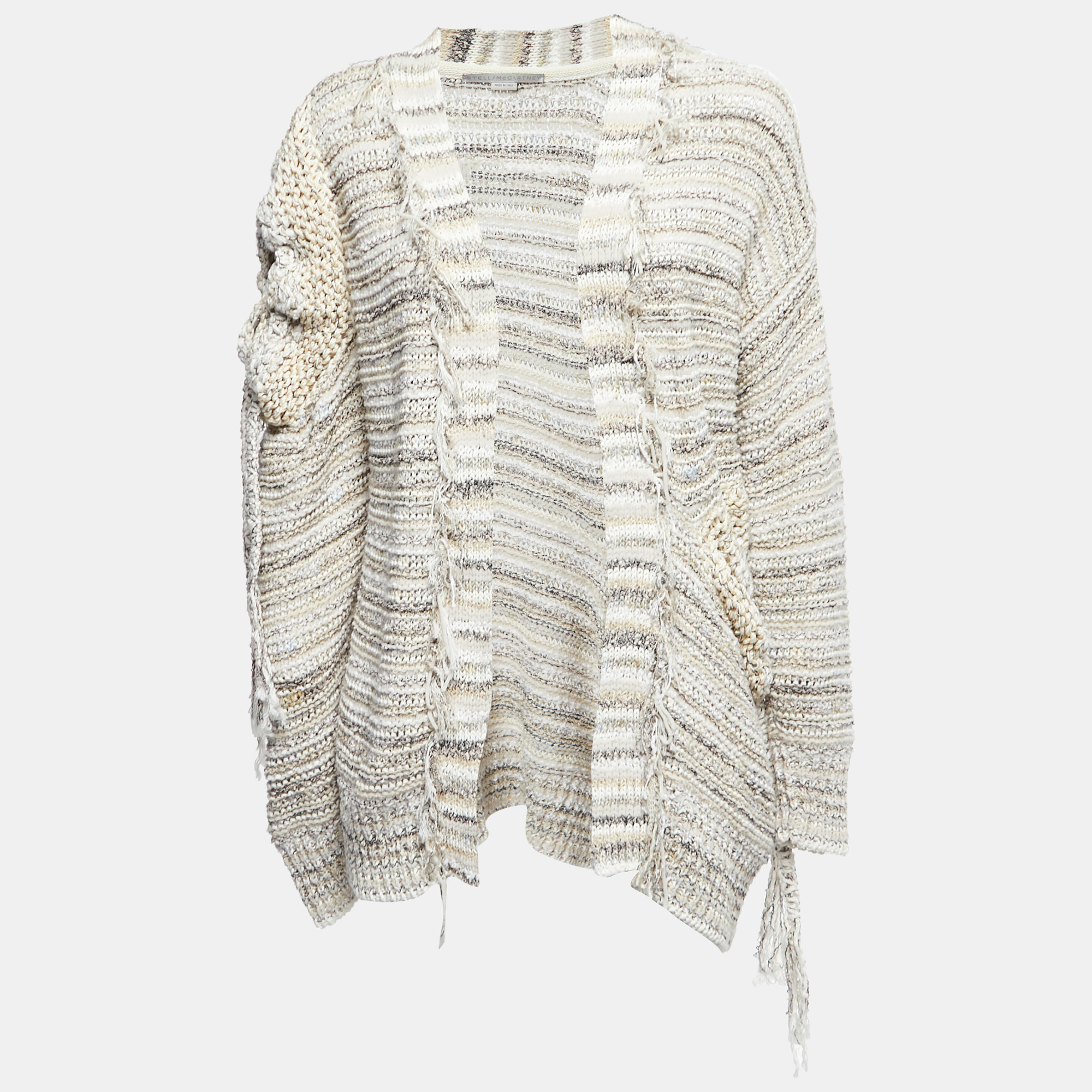 Stella McCartney Beige/Multicolor Knit Cutout Detail Fringed Open Cardigan XS