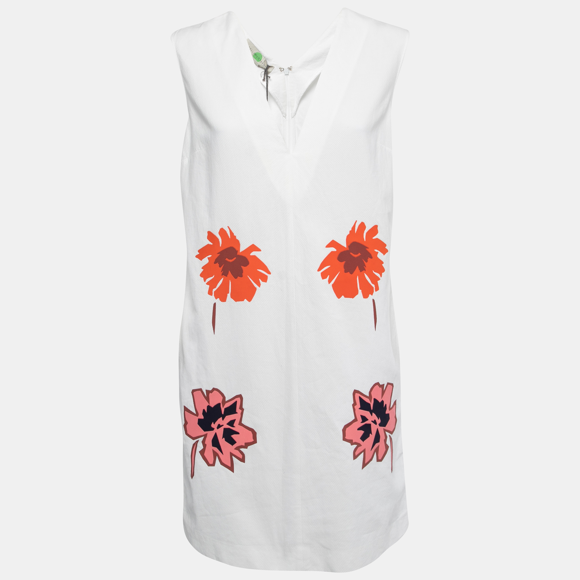 Stella McCartney White Cotton Floral Patch Detail V-Neck Sleeveless Mini Dress S