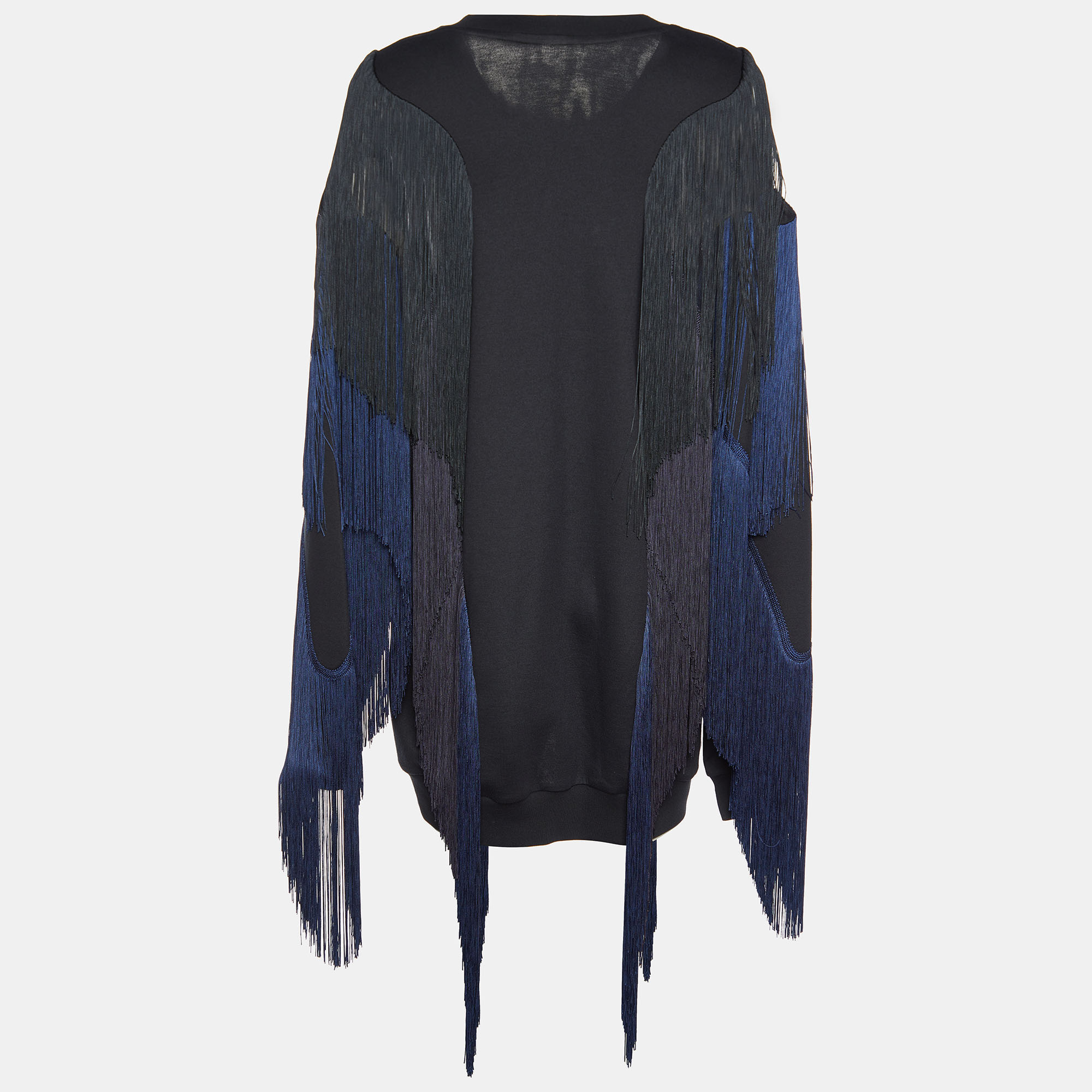 Stella McCartney Black Cotton Knit Fringed Sweater Mini Dress L