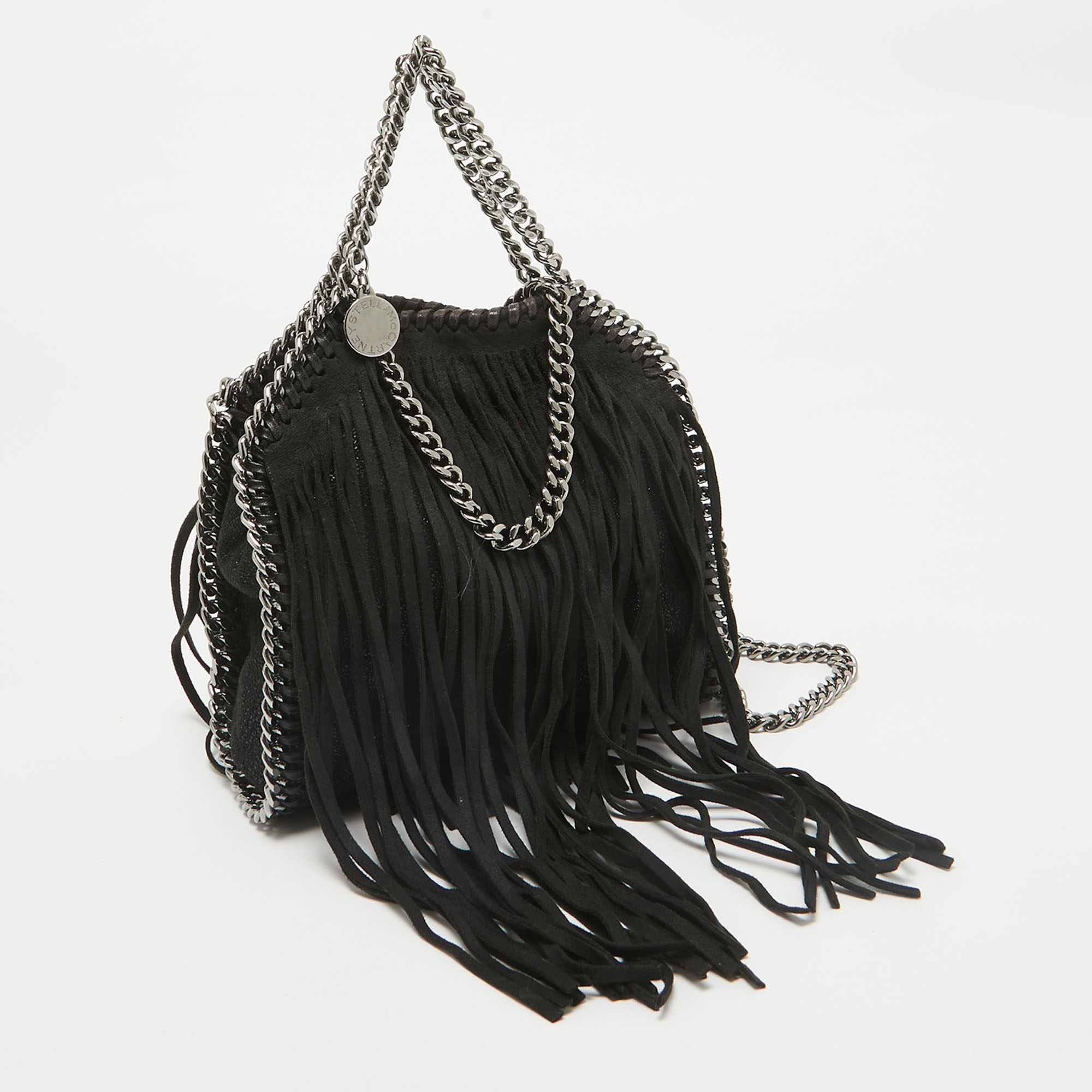 Stella McCartney Black Faux Suede Falabella Fringe Shoulder Bag