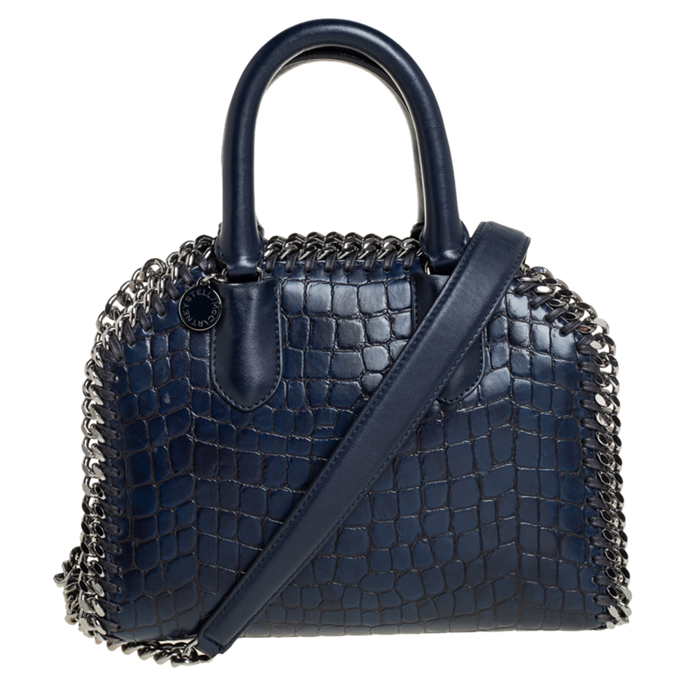 Stella McCartney Blue Croc Embossed Faux Leather Small Falabella Top Handle Box Bag