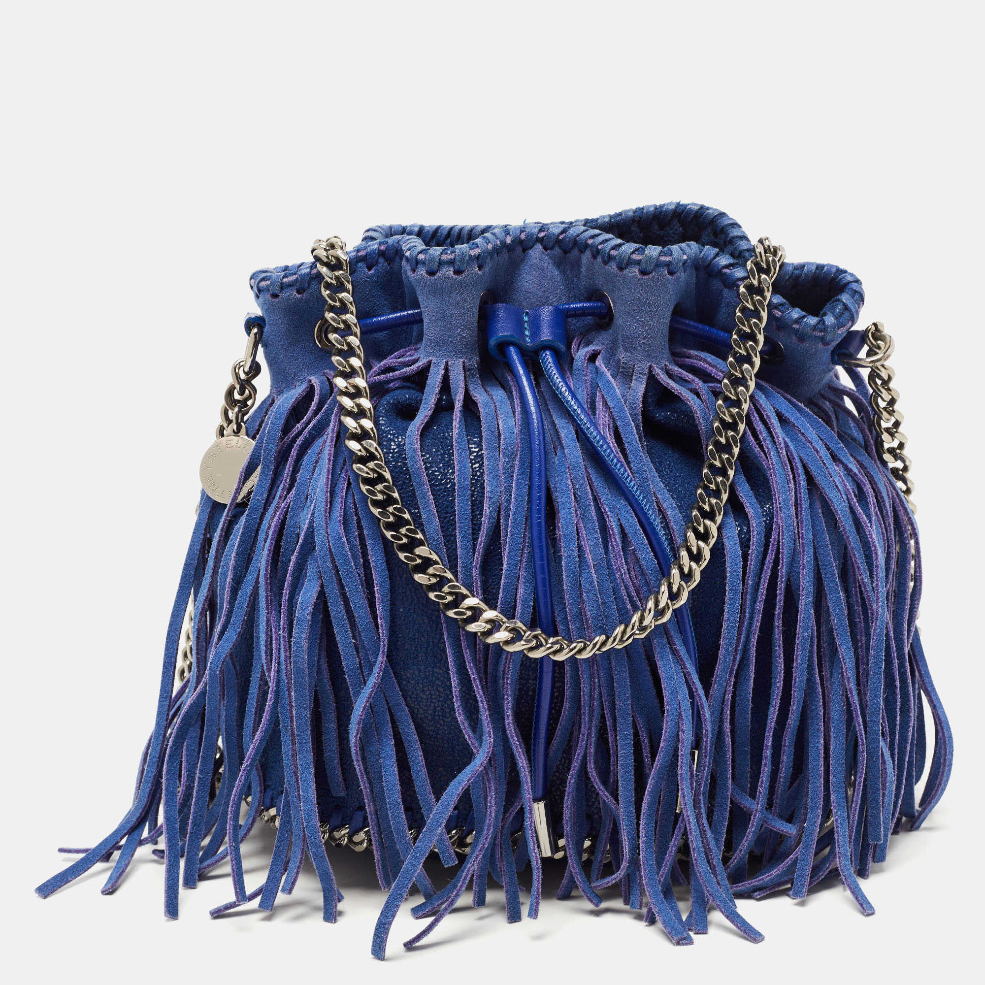 Stella McCartney Blue Faux Leather Fringe Falabella Drawstring Bucket Bag