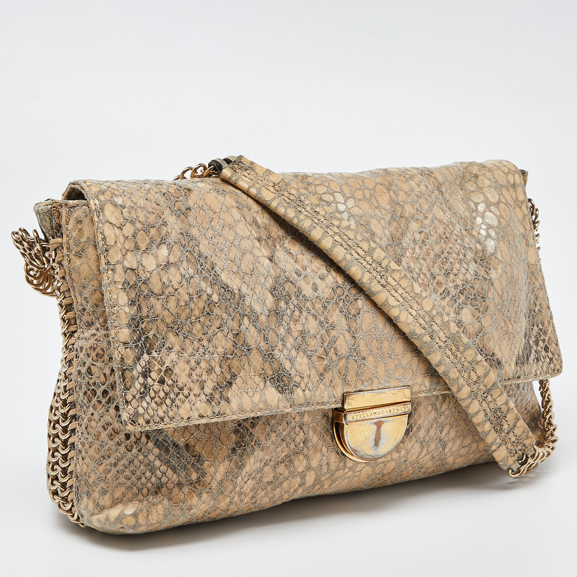 Stella McCartney Beige Python Embossed Leather Falabella Flap Shoulder Bag