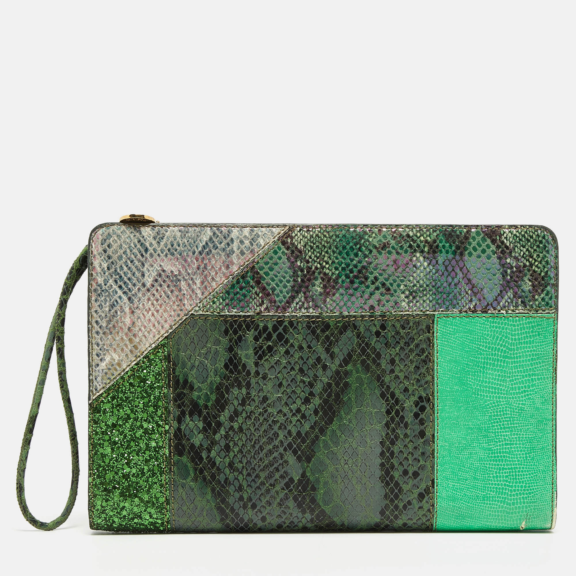 Stella mccartney green faux python embossed and glitter waverly patchwork clutch