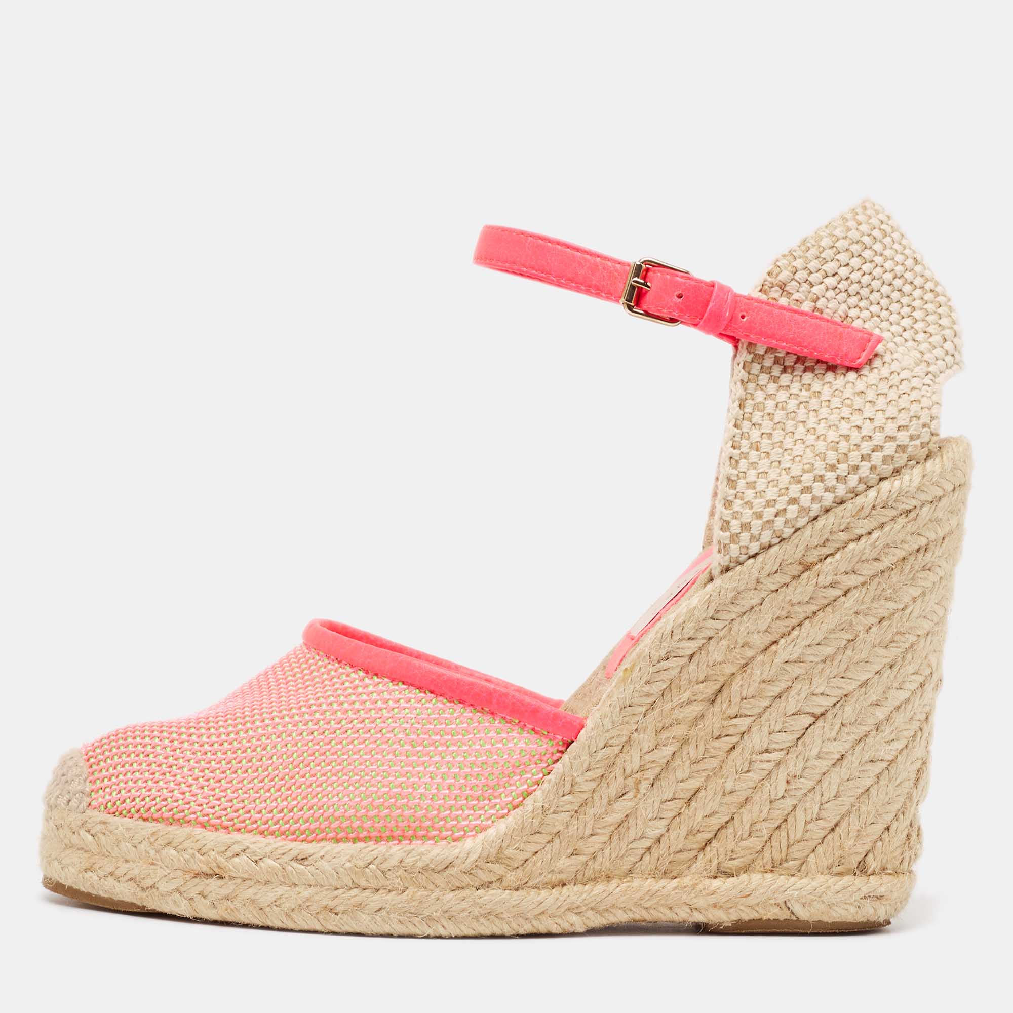 Stella mccartney pink/beige mesh and woven canvas wedge espadrille ankle strap sandals size 38