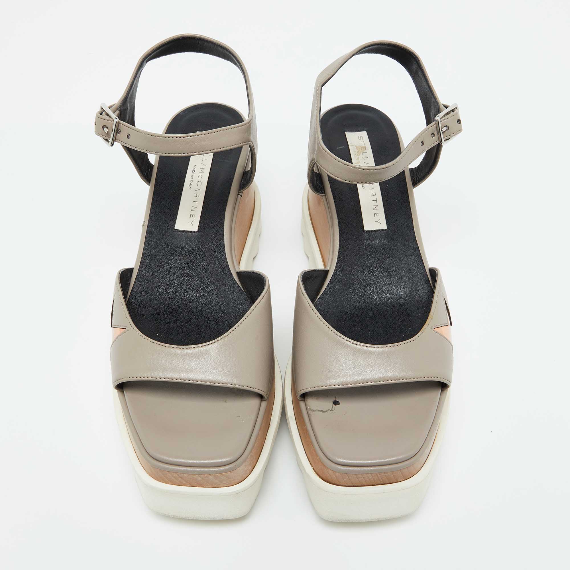 Stella McCartney Grey Faux Leather Indium Elyse Star Ankle Strap Sandals Size 36.5