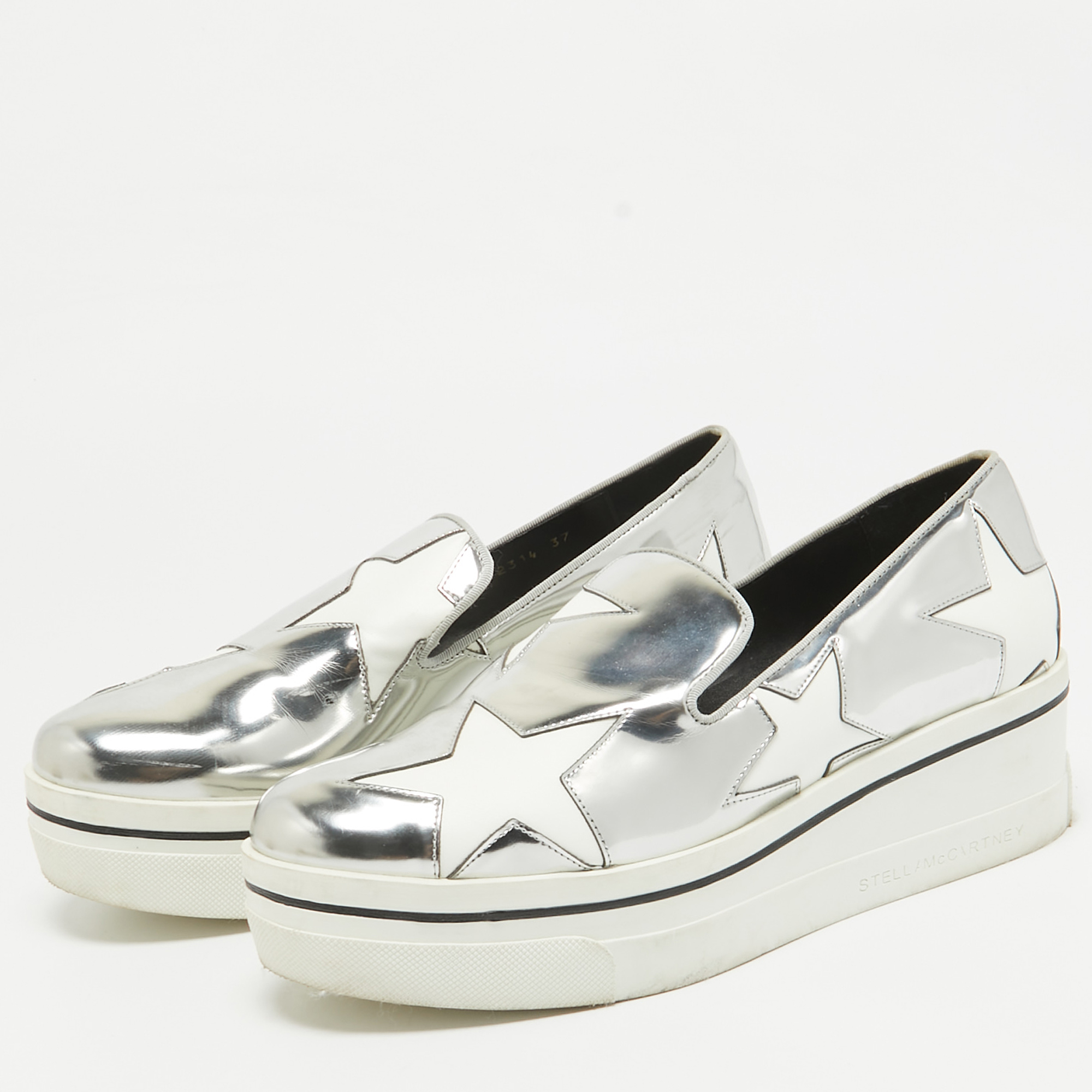 Stella McCartney Silver Faux Leather Binx Star Slip On Sneakers Size 37