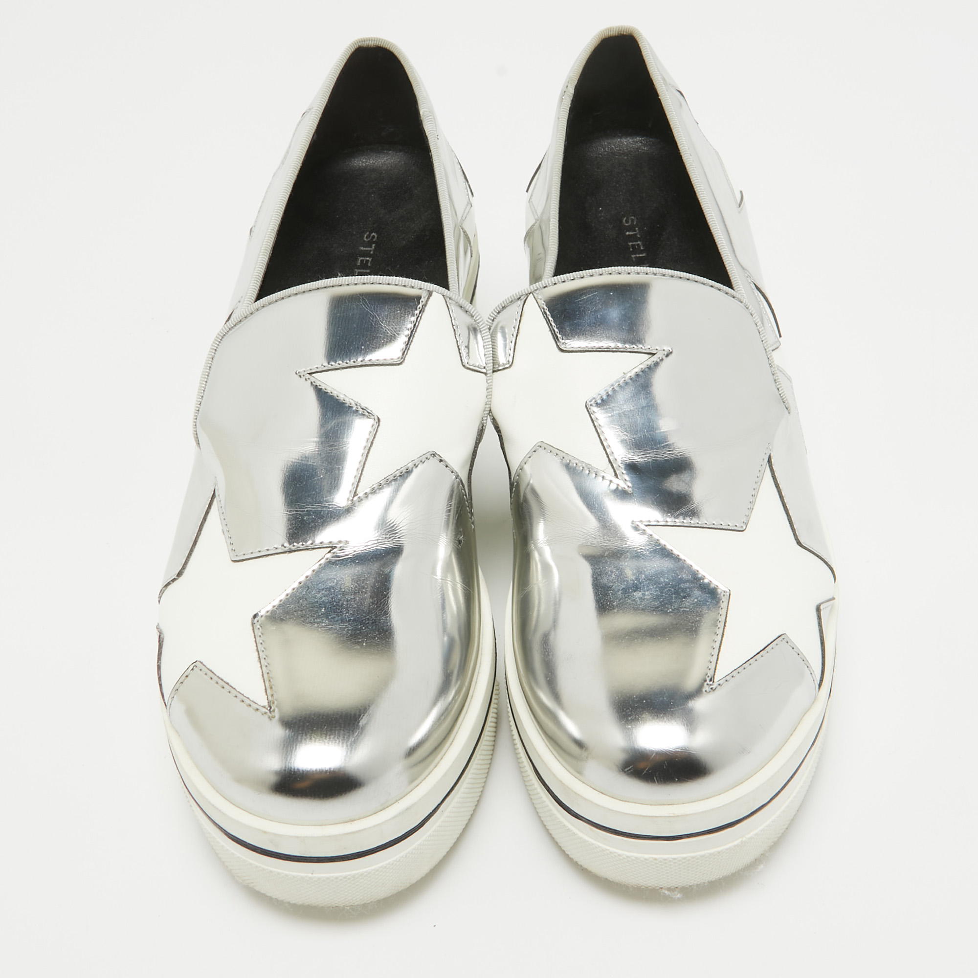 Stella McCartney Silver Faux Leather Binx Star Slip On Sneakers Size 37