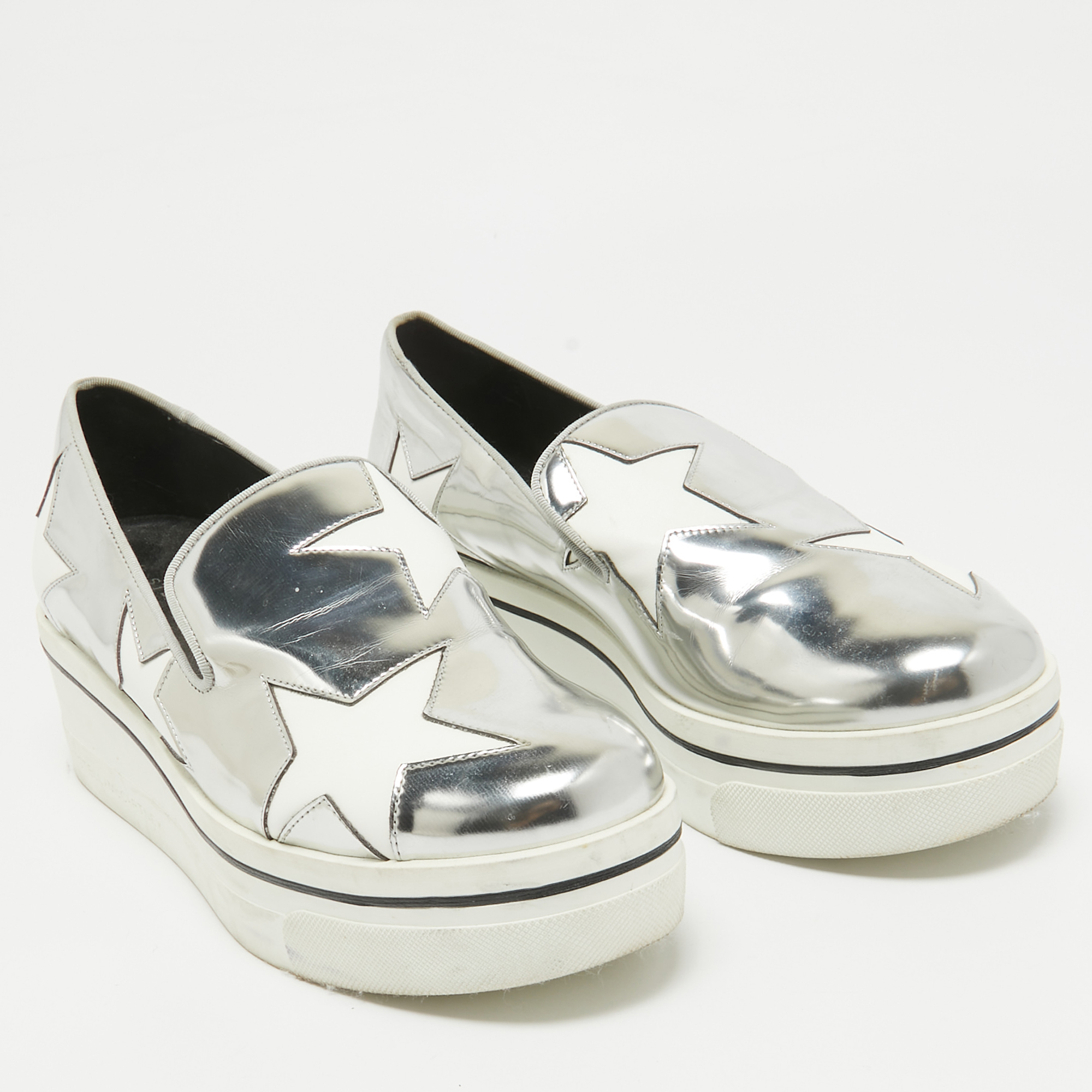 Stella McCartney Silver Faux Leather Binx Star Slip On Sneakers Size 37