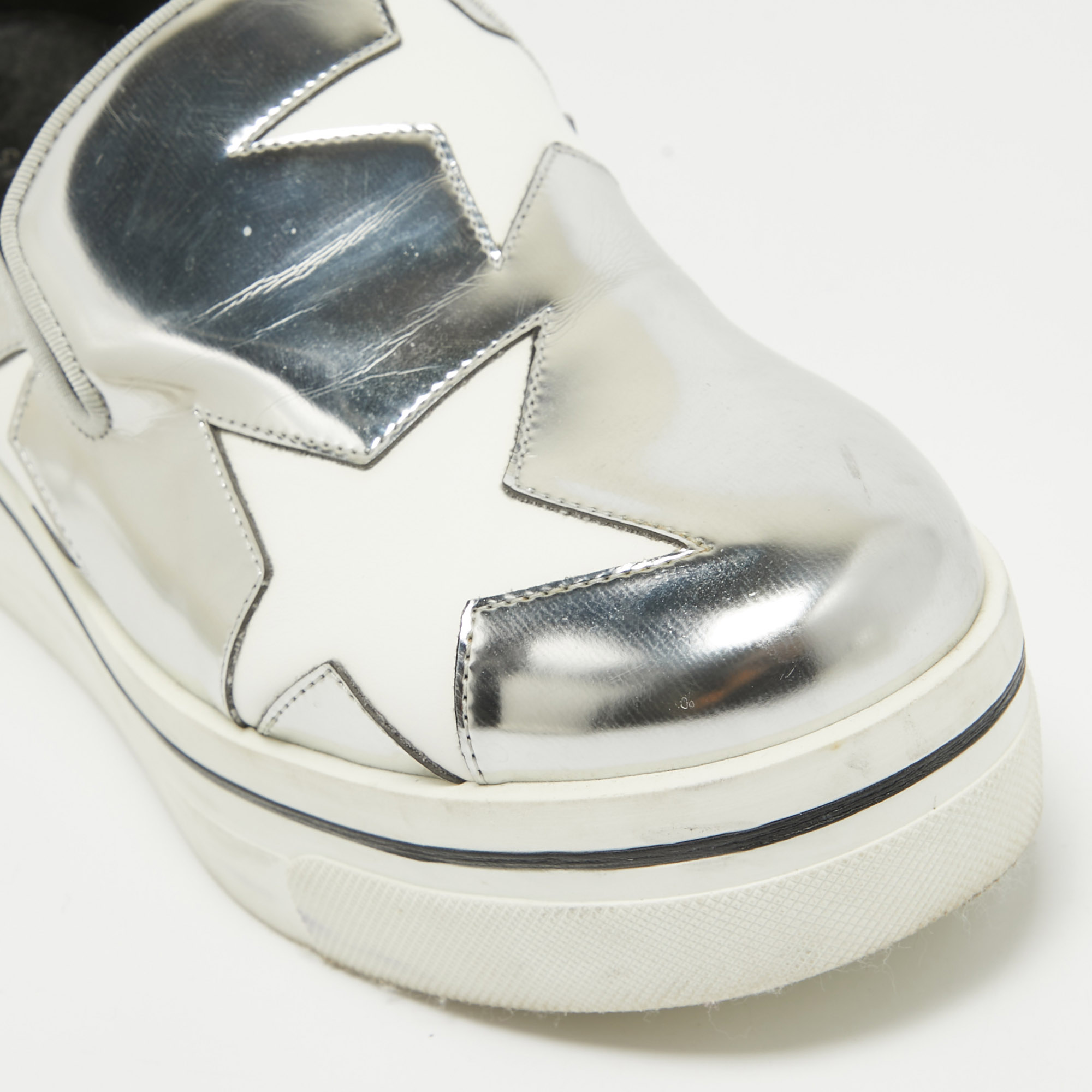 Stella McCartney Silver Faux Leather Binx Star Slip On Sneakers Size 37