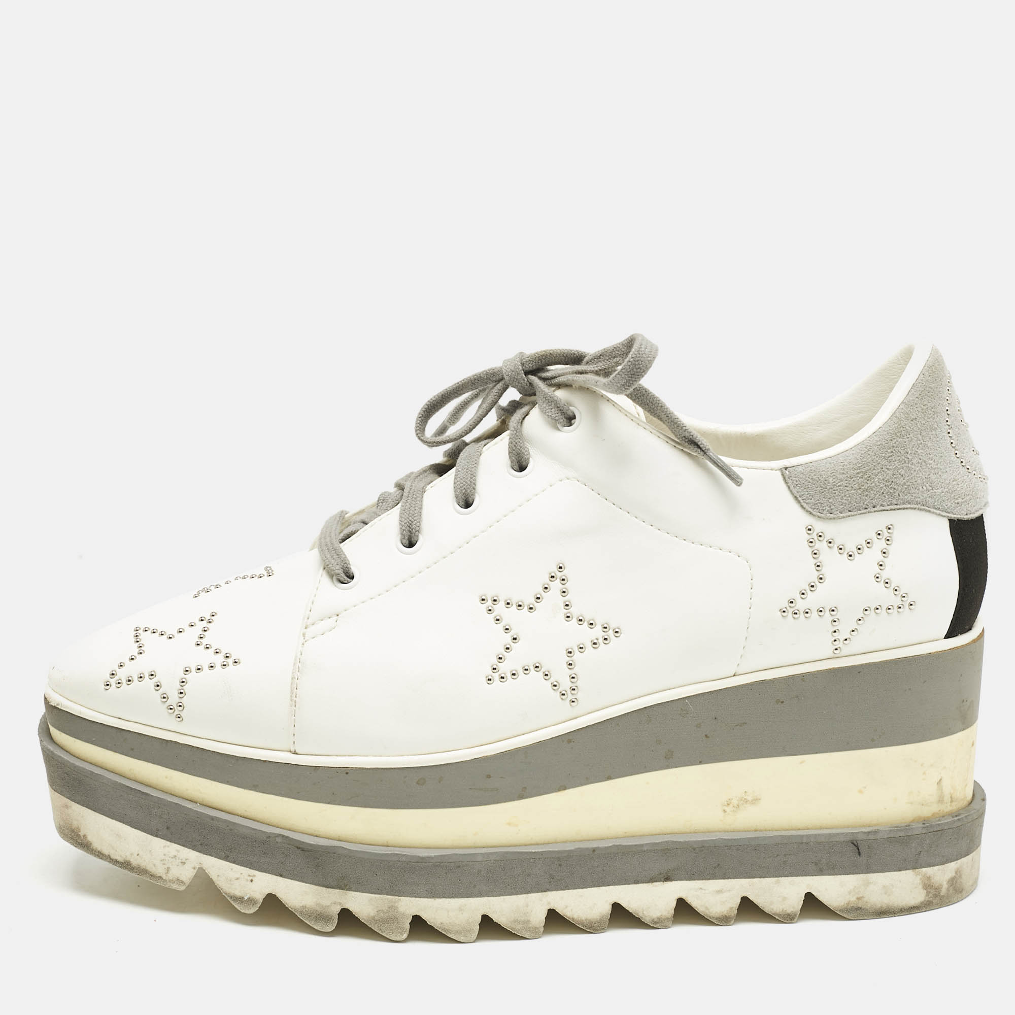 Stella McCartney White/Grey Faux Leather and Suede Elyse Star Studded Platform Sneakers Size
Stella McCartney White/Grey Faux Leather and Suede Elyse Star Studded Platform Sneakers Size