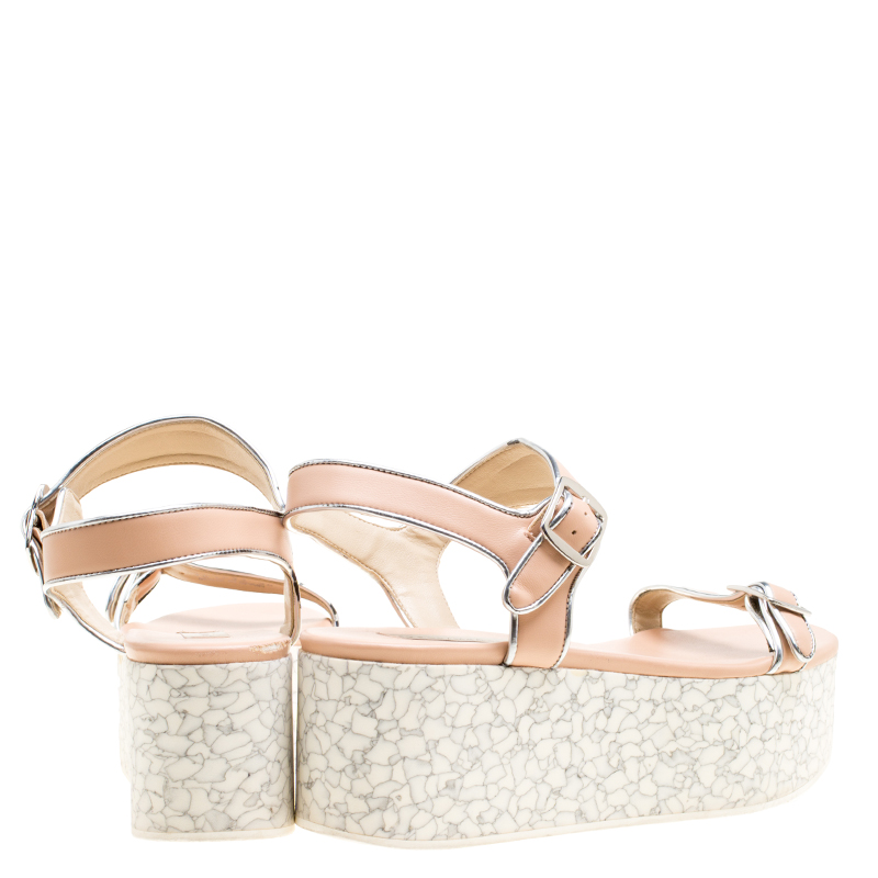 Stella McCartney Beige/Silver Faux Leather Geena Marble Platform Sandals Size 38