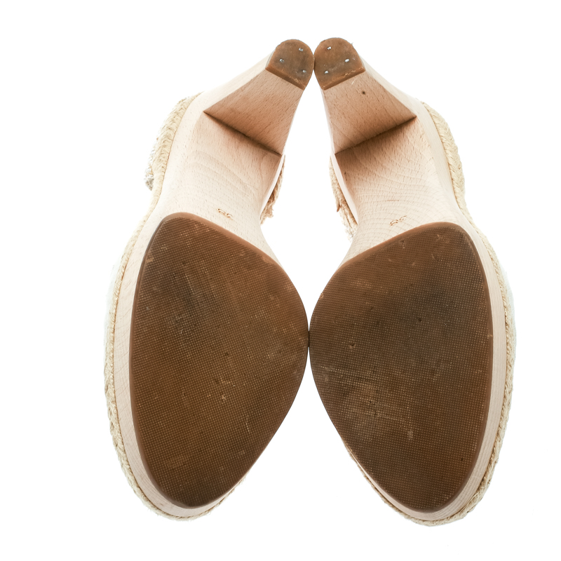 Stella McCartney White Canvas Espadrille Trim Tie Up Block Heel Sandals Size 38