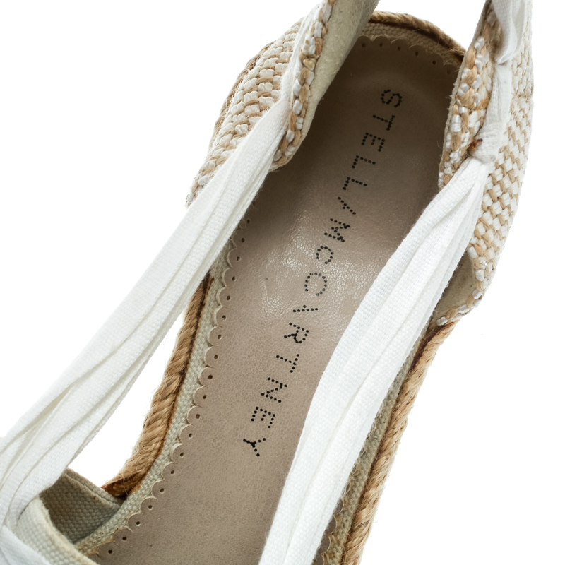 Stella McCartney White Canvas Espadrille Trim Tie Up Block Heel Sandals Size 38