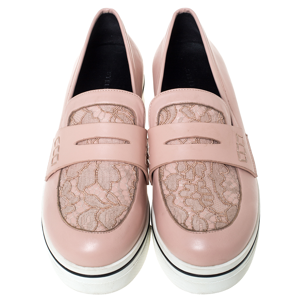 Stella McCartney Pink Faux Leather And Lace Penny Platform Loafers Size 38
