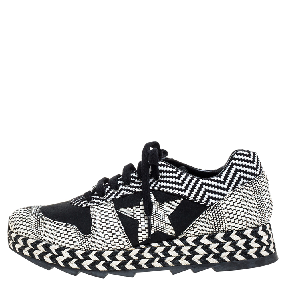 

Stella McCartney Monochrome Faux Suede and Woven Straw/Tweed Macy Star Trainers Sneakers Size, Black