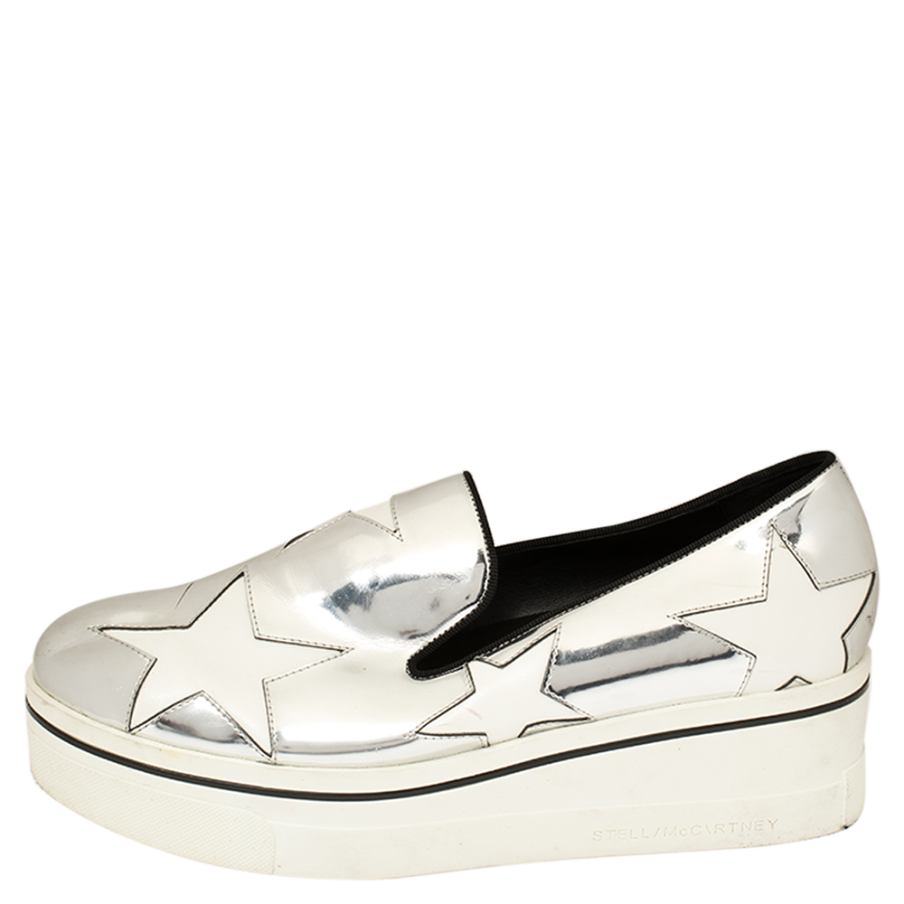 Stella McCartney Metallic Silver Faux Leather Binx Star Platform Slip On Sneakers Size
Stella McCartney Metallic Silver Faux Leather Binx Star Platform Slip On Sneakers Size